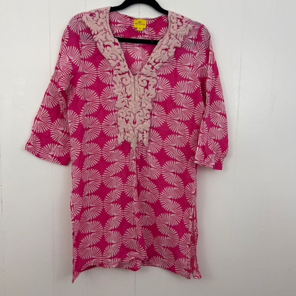 Roberta Roller Rabbit Pink White Fan Print Cotton Tunic Dress XS Embroidery